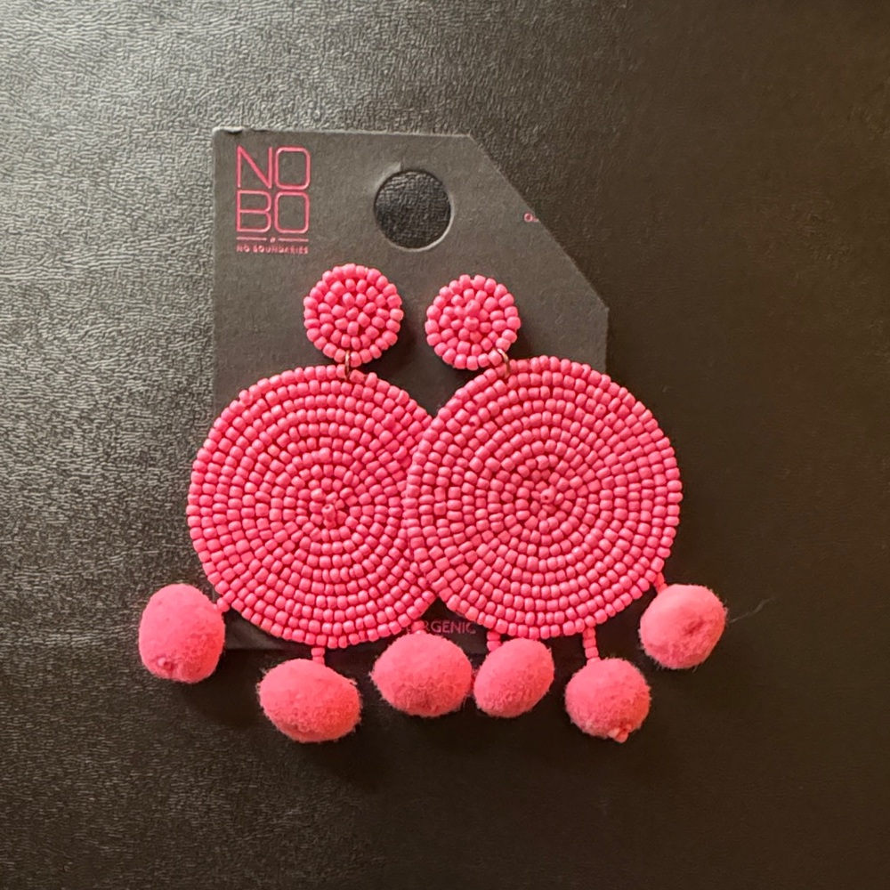 NOBO Vibrant Pink Beaded Earrings with Pom Poms, NEW